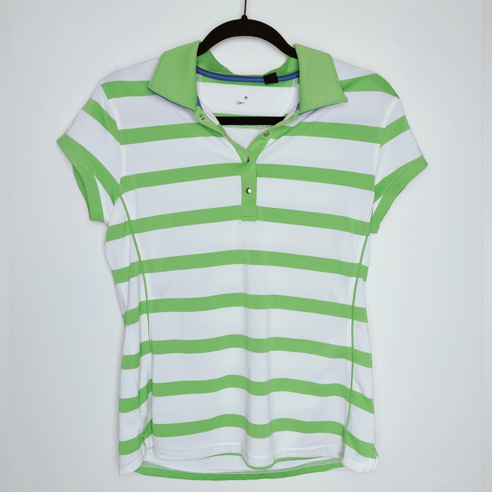 Women's Green/White Dri-Lite Striped Golf Polo T-shirt, Size M
